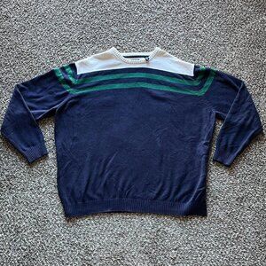 Izod Sweater Mens 3XLT Navy Blue Green Striped Crewneck Cotton Blend Pullover